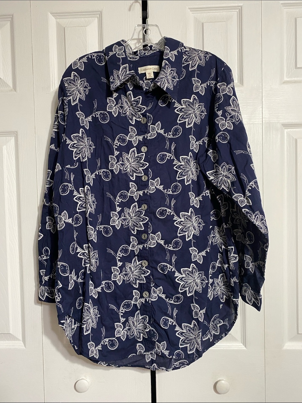PRETTY Coldwater Creek Blue & white floral Embroidered shirt top blouse Sz 1X